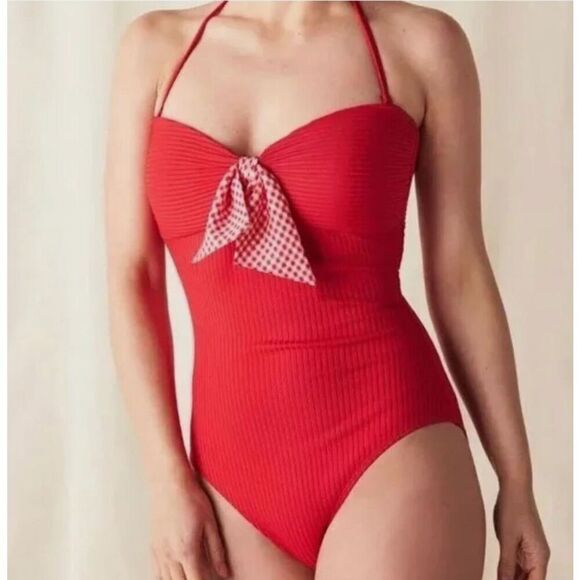 Matilda Jane Poolside Party Ribbed Bow Halter One-Piece Swimsuit Red Size Large - Picture 1 of 9